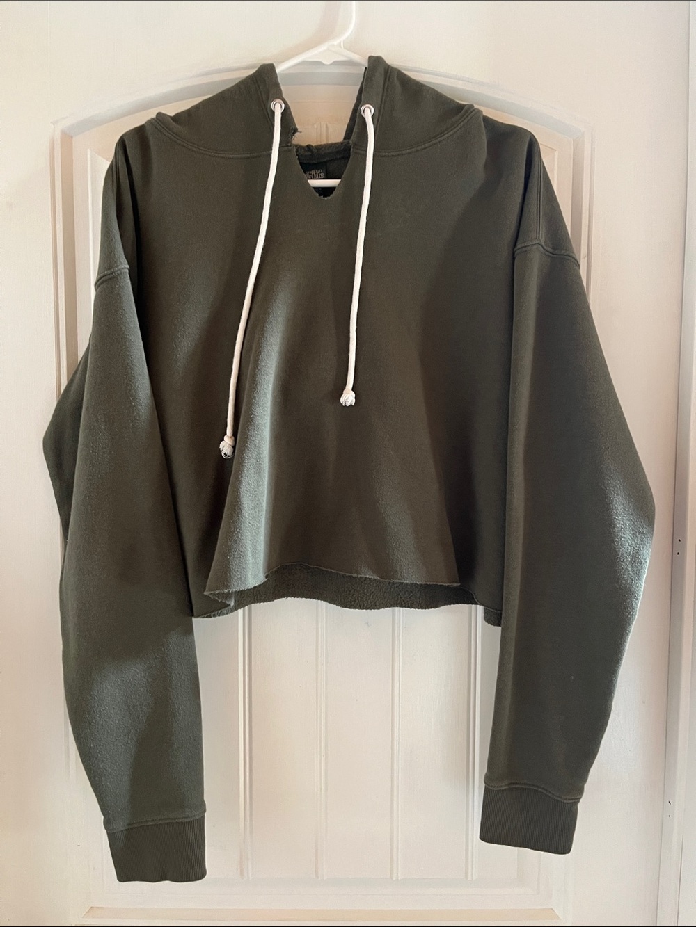 wild fable Olive Green Cropped Hoodie with White Drawstrings